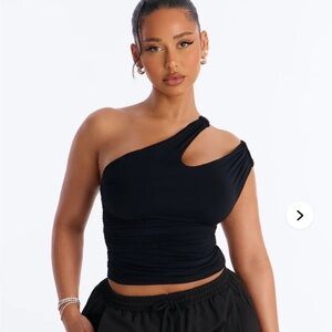 Second Skin Double Lined Cut Out One Shoulder Sleeveless Top - Black